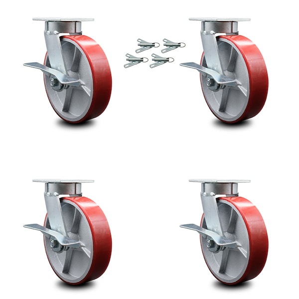Service Caster 8 Inch Kingpinless Red Poly on Steel Wheel Caster Set Brake and Swivel Lock SCC-KP30S820-PUR-RS-SLB-BSL-4 - main